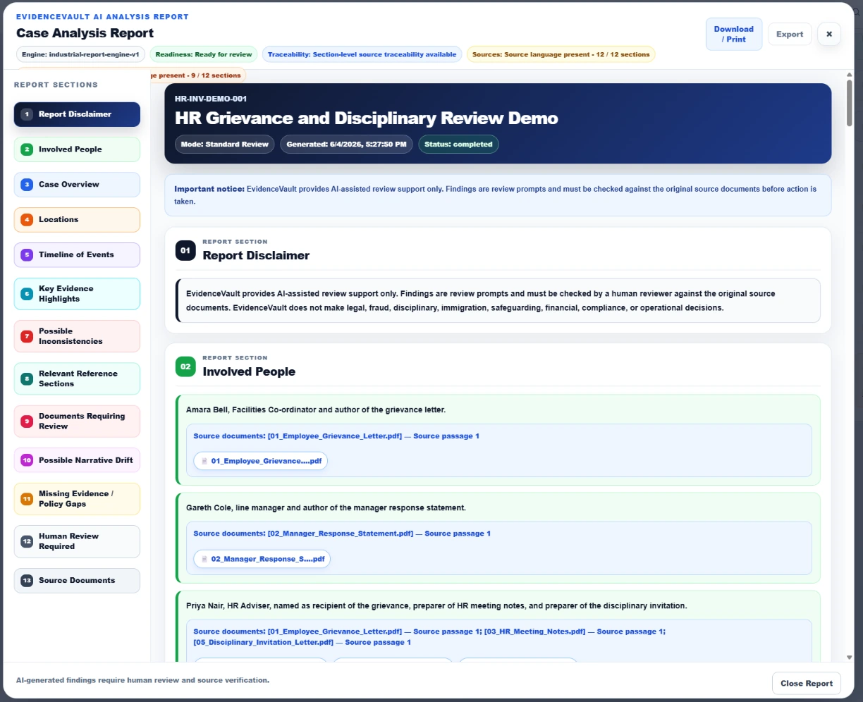 EvidenceVault source-traceable case analysis report preview