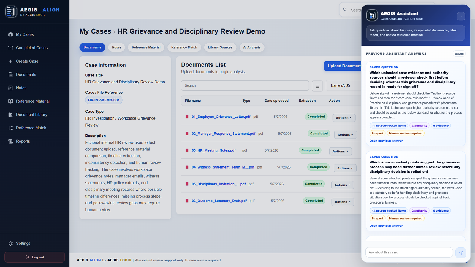 AEGIS Align assistant panel showing source-backed answers, saved review notes, case context, and human review requirement.