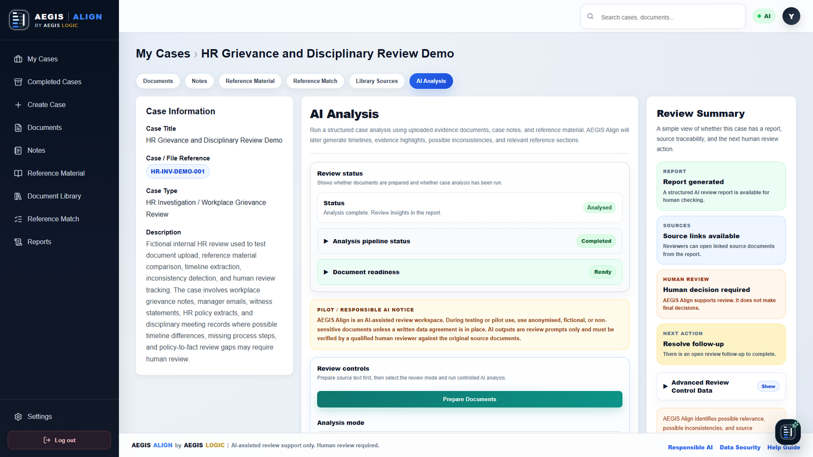 AEGIS Align AI analysis page showing review status, document readiness, source links, responsible AI notice, and human review requirement.