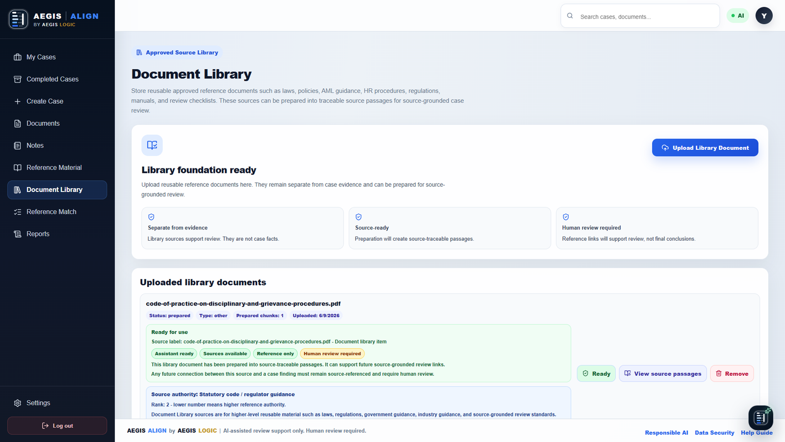 AEGIS Align document library showing reusable reference documents, prepared source passages, source-ready status, and human review requirement.
