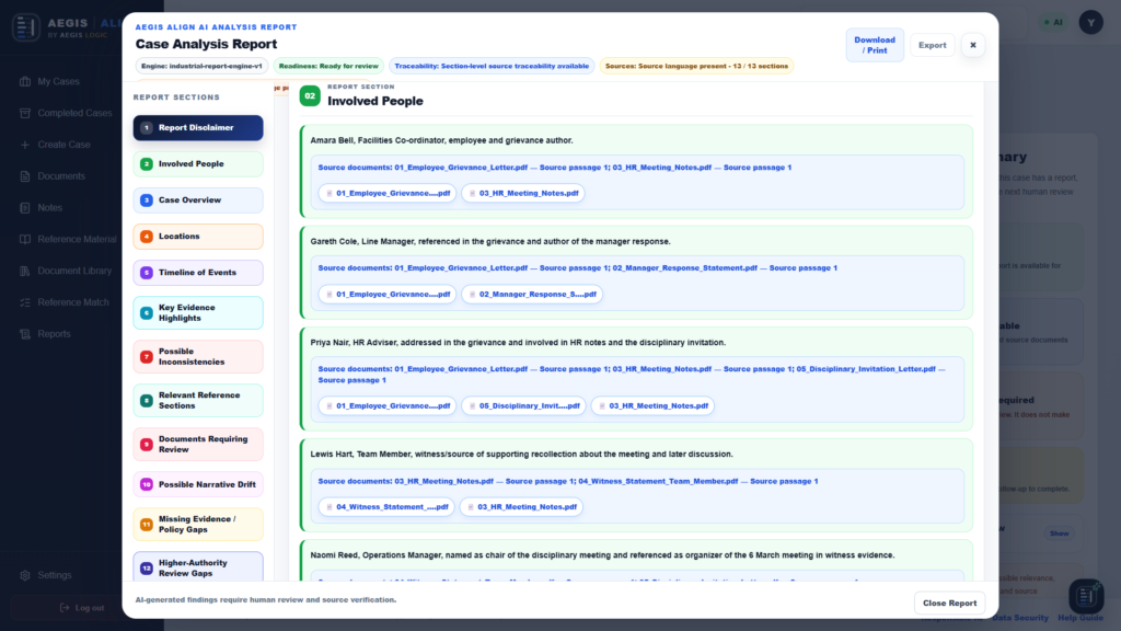 AEGIS Align case analysis report showing source-linked review sections, source documents, and human review notice.