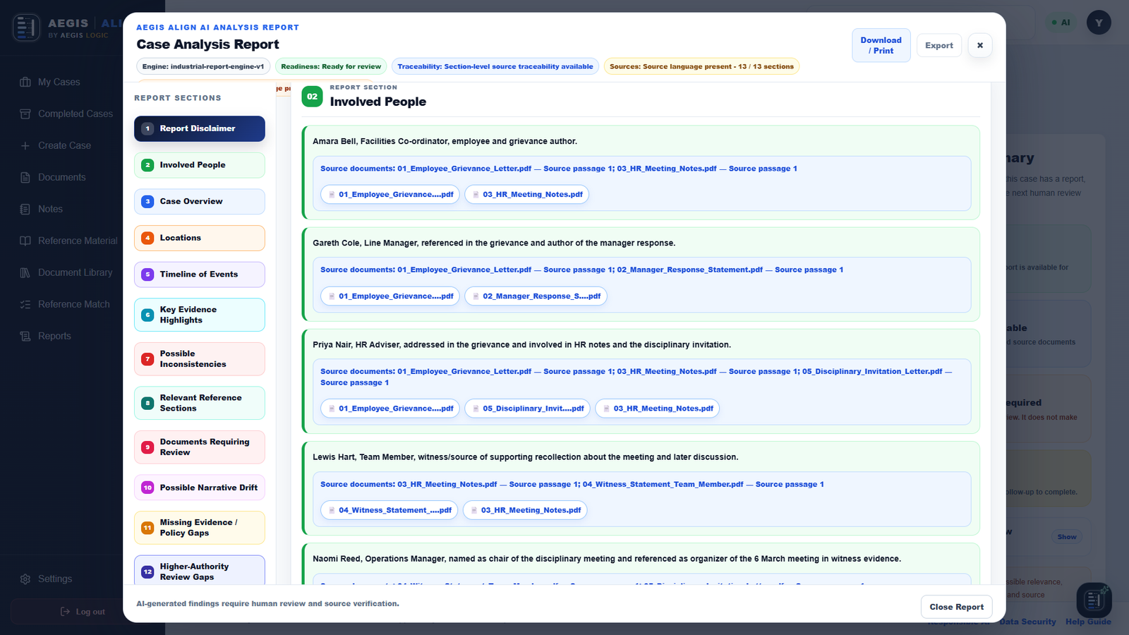 AEGIS Align source-backed case analysis report showing report sections, source documents, source traceability, and human review notice